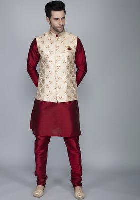 Maroon Woven Design Silk Kurta Set For Men