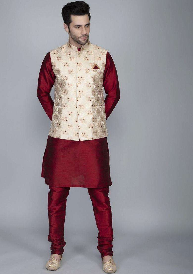 Maroon Woven Design Silk Blend Kurta Set For Men - Indya