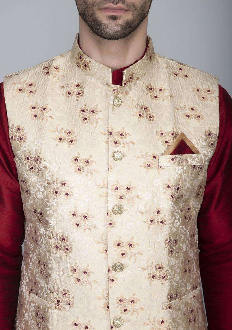 Maroon Woven Design Silk Blend Kurta Set For Men - Indya