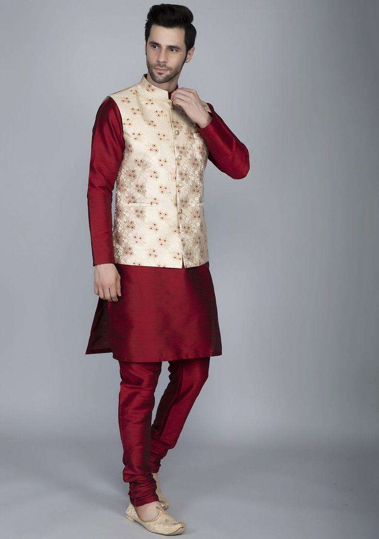 Maroon Woven Design Silk Blend Kurta Set For Men - Indya