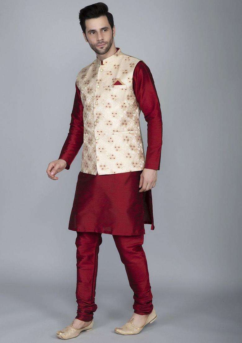 Maroon Woven Design Silk Blend Kurta Set For Men - Indya