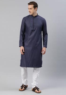 Navy Blue Self Design Viscose Kurta Set For Men