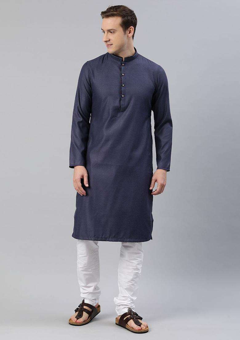 Navy Blue Self Design Viscose Kurta Set For Men - Indya
