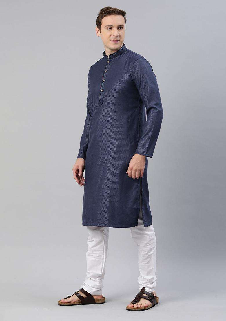 Navy Blue Self Design Viscose Kurta Set For Men - Indya
