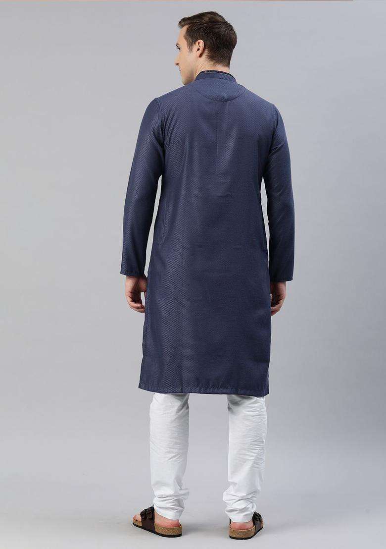 Navy Blue Self Design Viscose Kurta Set For Men - Indya