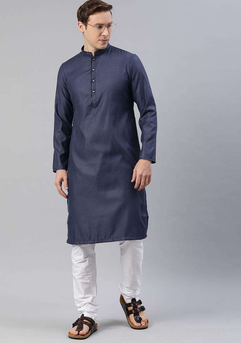 Navy Blue Self Design Viscose Kurta Set For Men - Indya