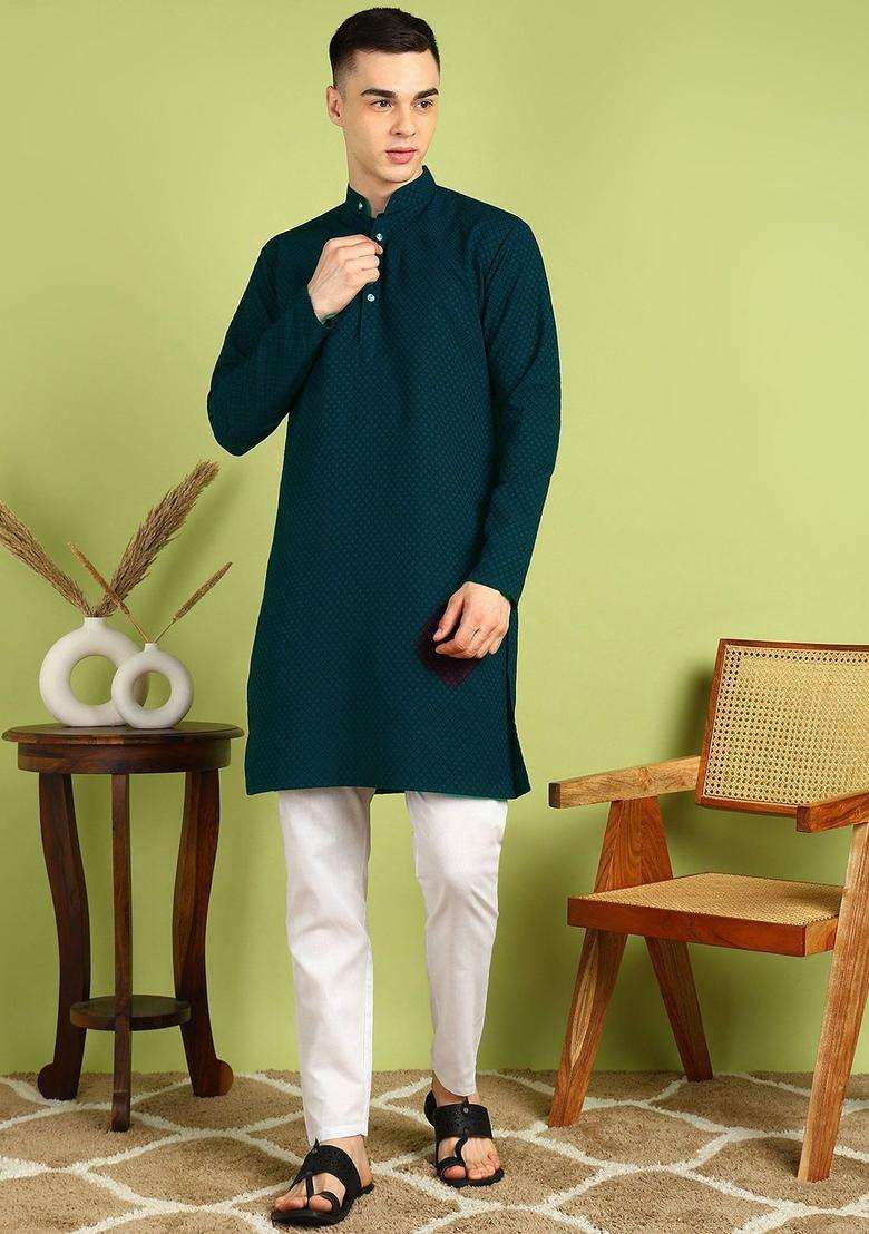 Green Embroidered Cotton Kurta Set For Men - Indya