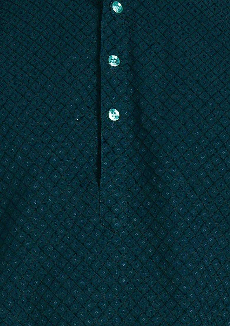 Green Embroidered Cotton Kurta Set For Men - Indya