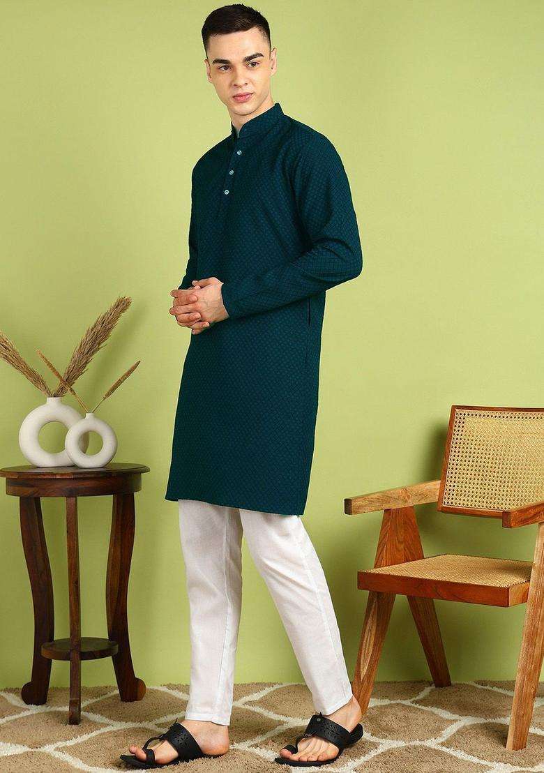 Green Embroidered Cotton Kurta Set For Men - Indya
