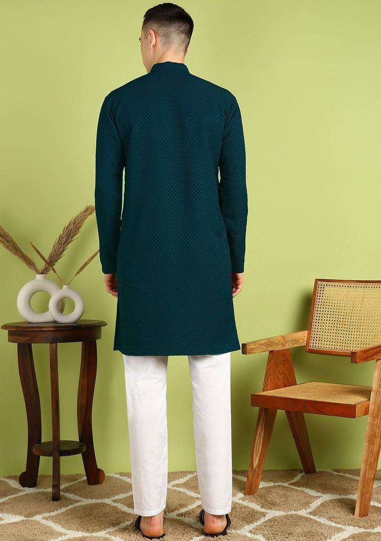 Green Embroidered Cotton Kurta Set For Men - Indya