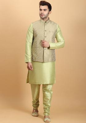 Lime Green Solid Silk Kurta Set For Men