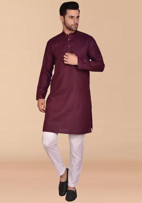 Purple Solid Cotton Kurta Set For Men