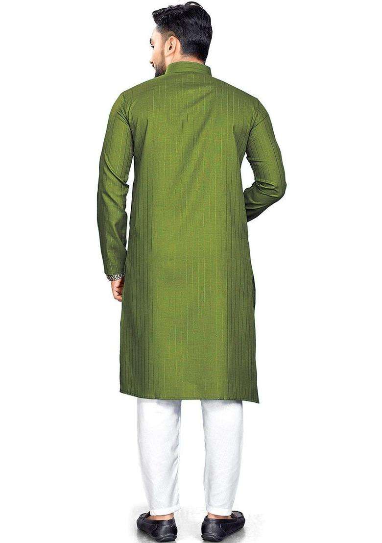 Olive Self Design Cotton Kurta Set For Men - Indya