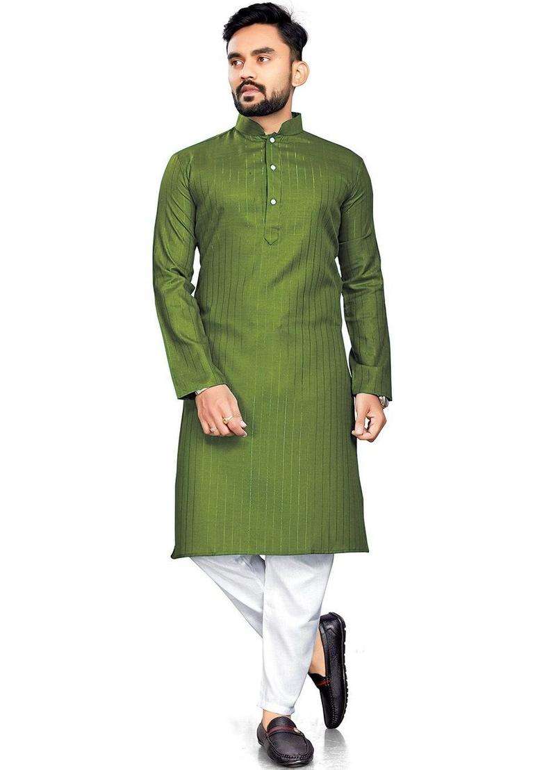 Olive Self Design Cotton Kurta Set For Men - Indya
