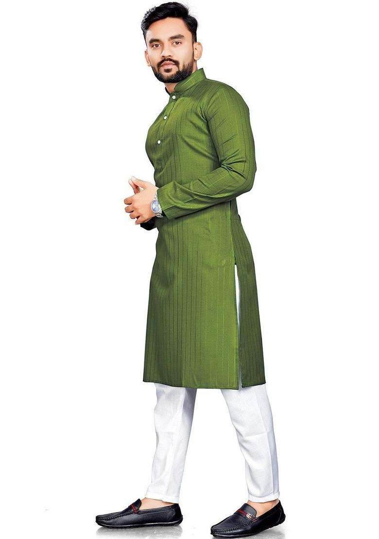 Olive Self Design Cotton Kurta Set For Men - Indya