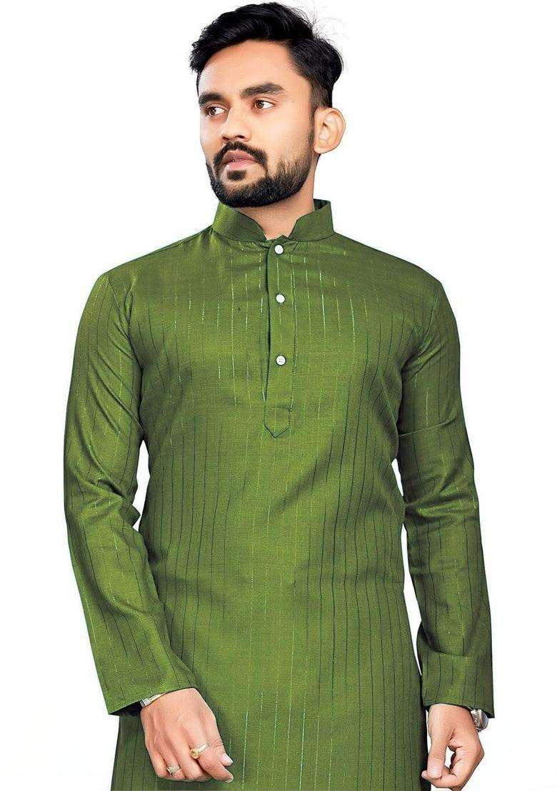 Olive Self Design Cotton Kurta Set For Men - Indya