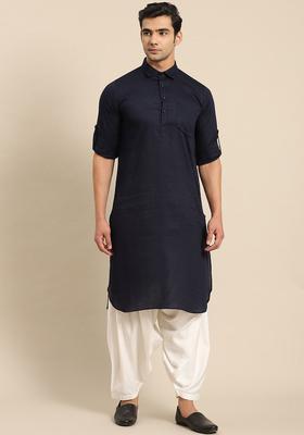 Navy Blue Woven Design Cotton Kurta Set For Men