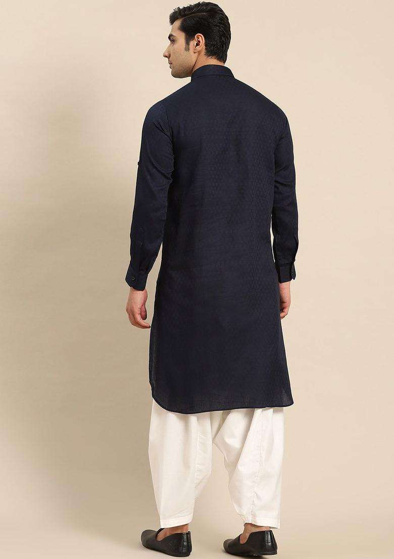 Navy Blue Woven Design Cotton Kurta Set For Men - Indya