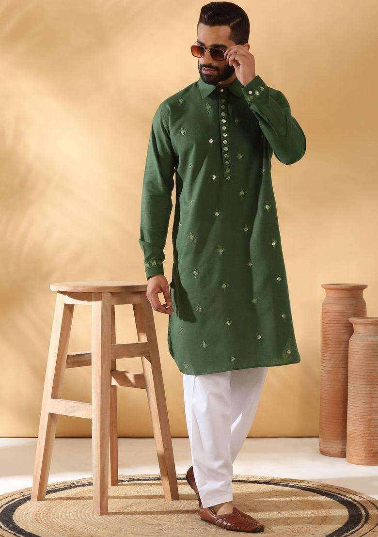 Green Embroidered Cotton Kurta Set For Men - Indya