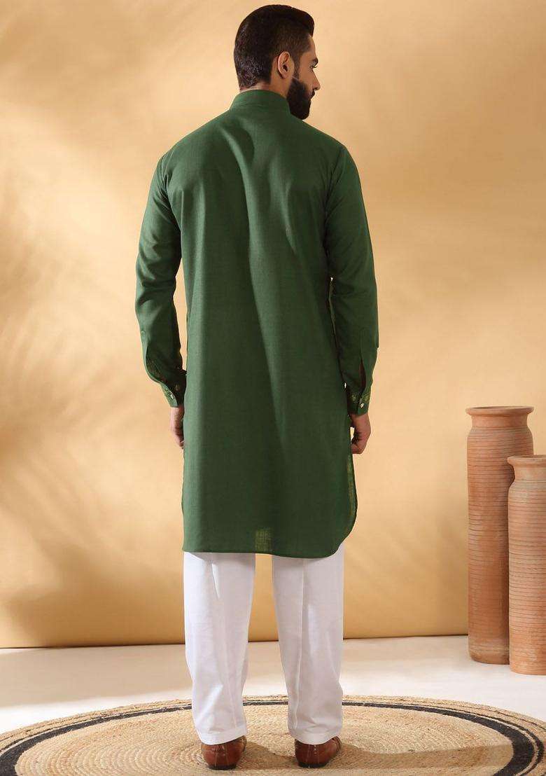 Green Embroidered Cotton Kurta Set For Men - Indya