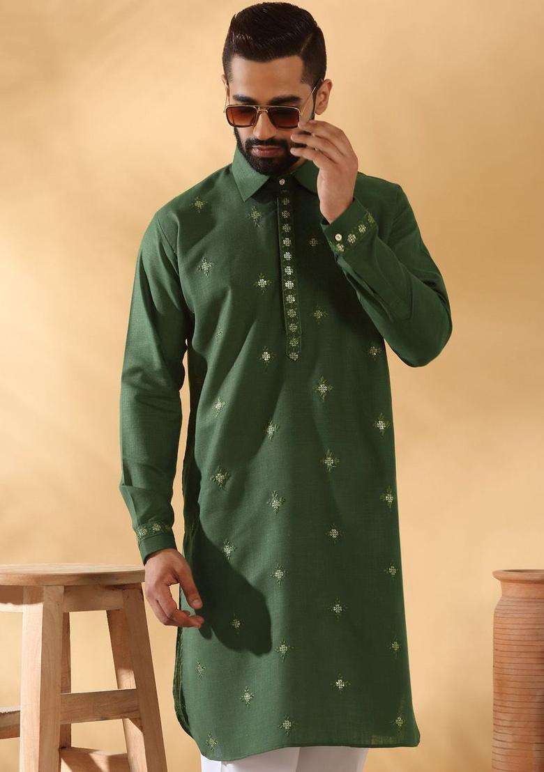 Green Embroidered Cotton Kurta Set For Men - Indya