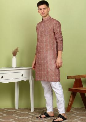 Maroon Printed Cotton Kurta Set For Men