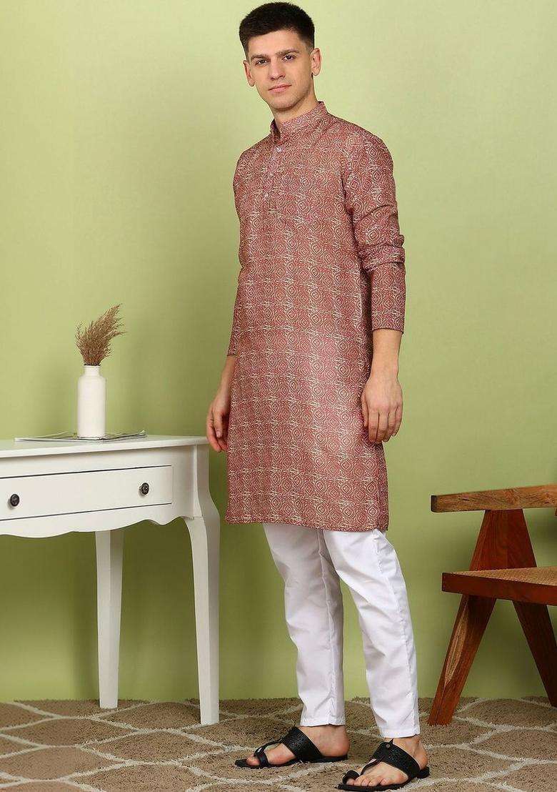 Maroon Printed Cotton Kurta Set For Men - Indya