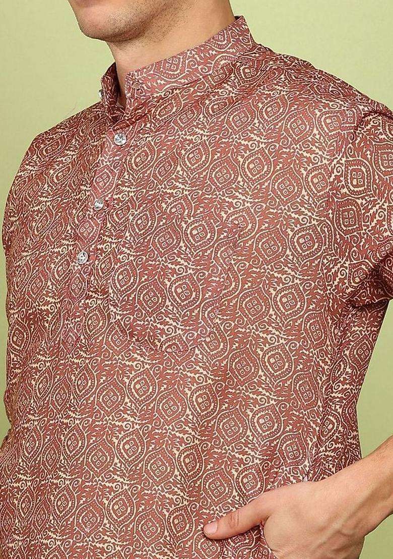 Maroon Printed Cotton Kurta Set For Men - Indya