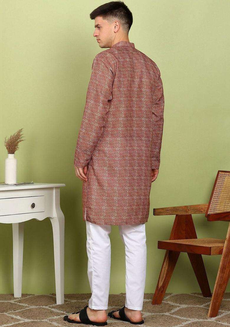 Maroon Printed Cotton Kurta Set For Men - Indya