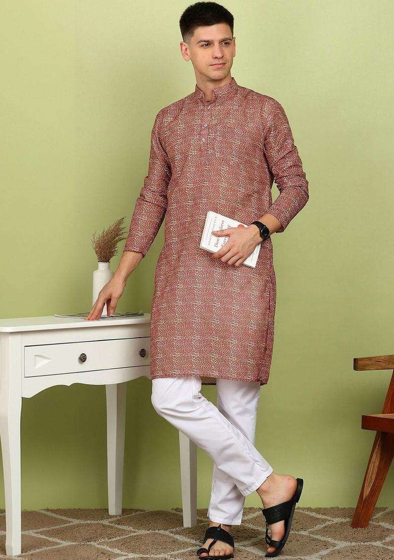 Maroon Printed Cotton Kurta Set For Men - Indya