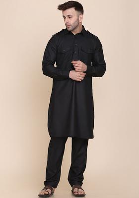 Black Solid Cotton Kurta Set For Men