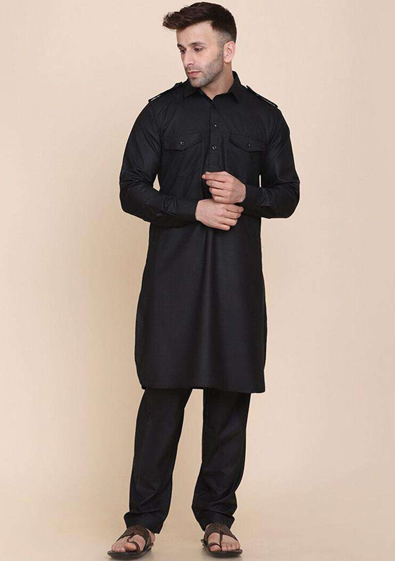 Black Solid Cotton Kurta Set For Men - Indya