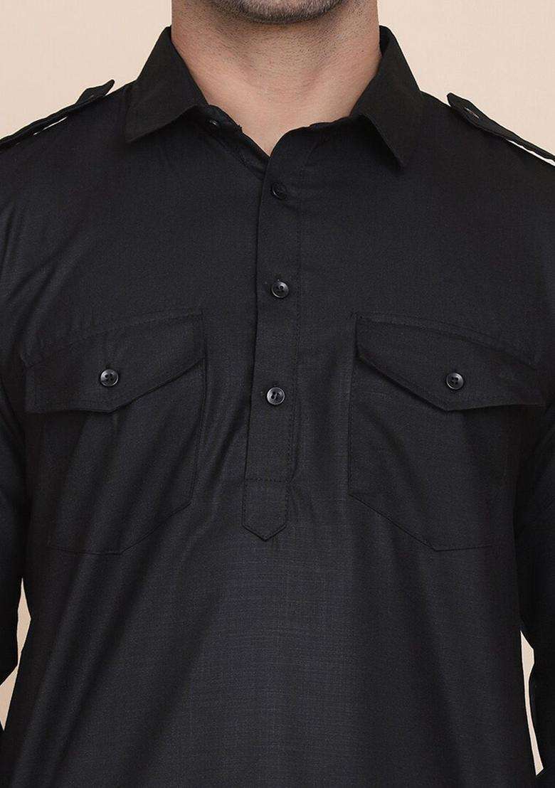 Black Solid Cotton Kurta Set For Men - Indya