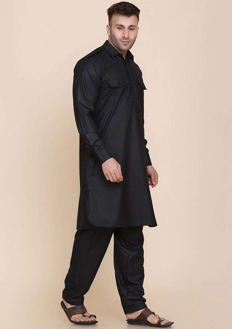 Black Solid Cotton Kurta Set For Men - Indya