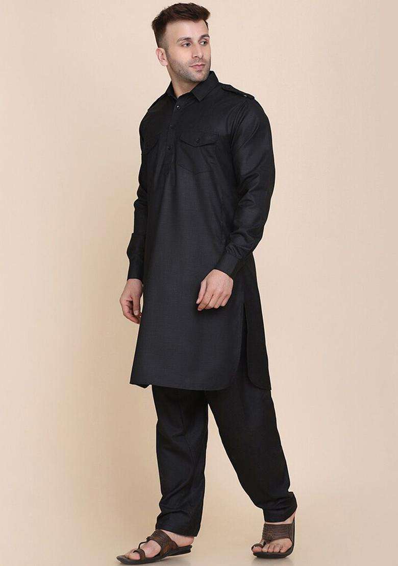 Black Solid Cotton Kurta Set For Men - Indya