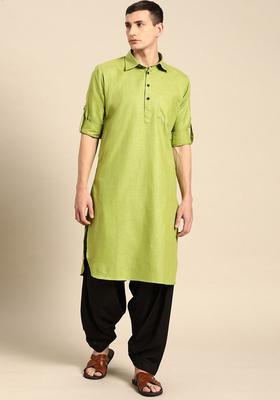 Green Self Design Cotton Kurta Set For Men