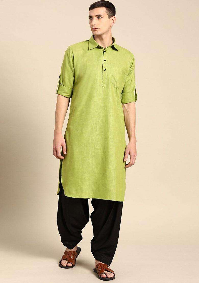 Green Self Design Cotton Kurta Set For Men - Indya