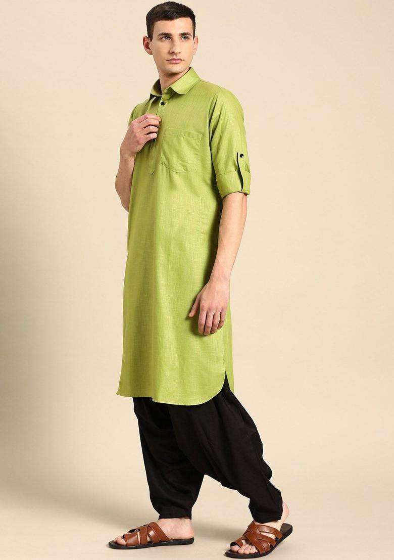 Green Self Design Cotton Kurta Set For Men - Indya
