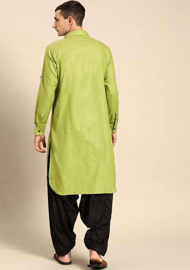 Green Self Design Cotton Kurta Set For Men - Indya