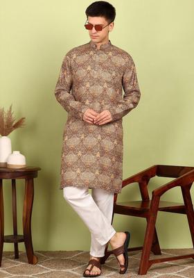 Brown Printed Cotton Kurta Set For Men