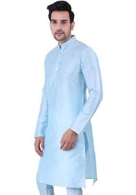 Blue Solid Silk Kurta Set For Men