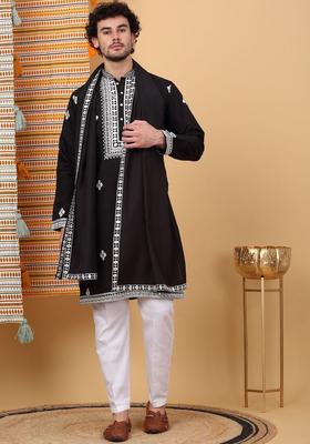 Black Embroidered Silk Kurta Set For Men