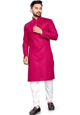 Pink Woven Design Cotton Kurta Set For Men