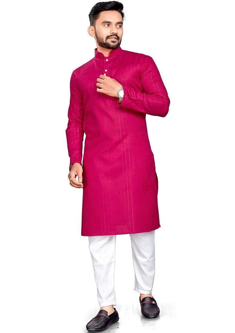 Pink Woven Design Cotton Kurta Set For Men - Indya