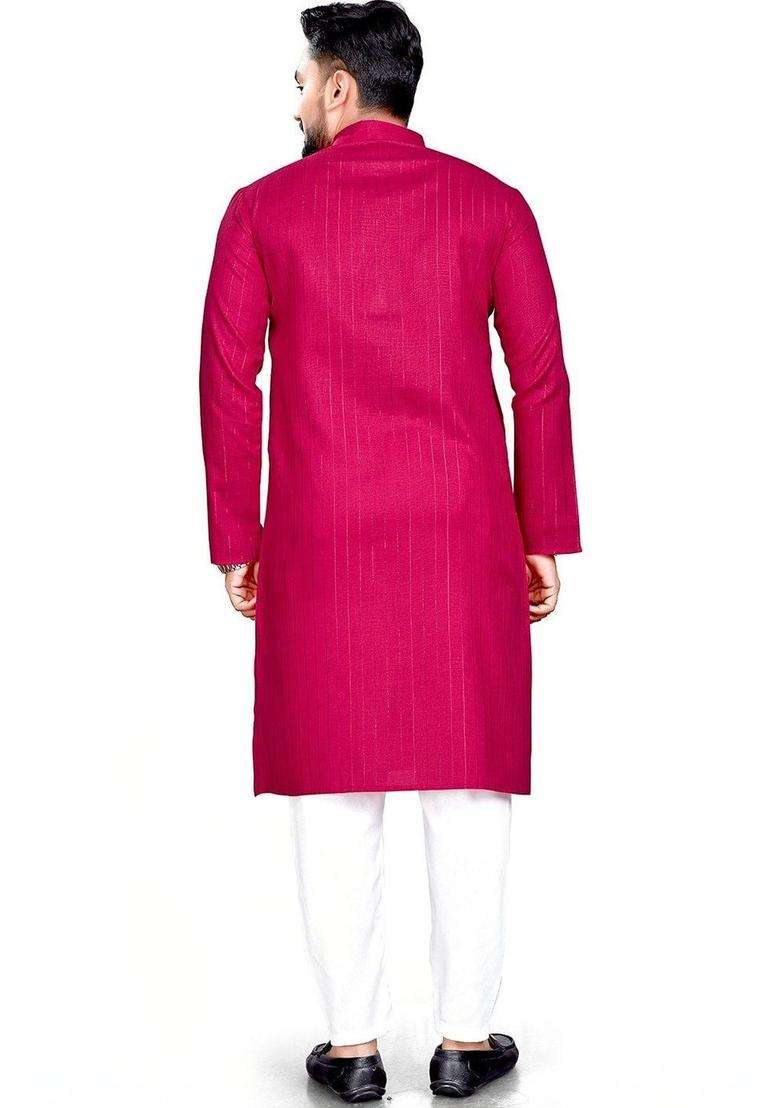 Pink Woven Design Cotton Kurta Set For Men - Indya