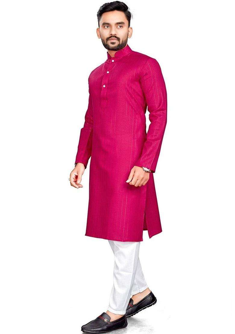 Pink Woven Design Cotton Kurta Set For Men - Indya