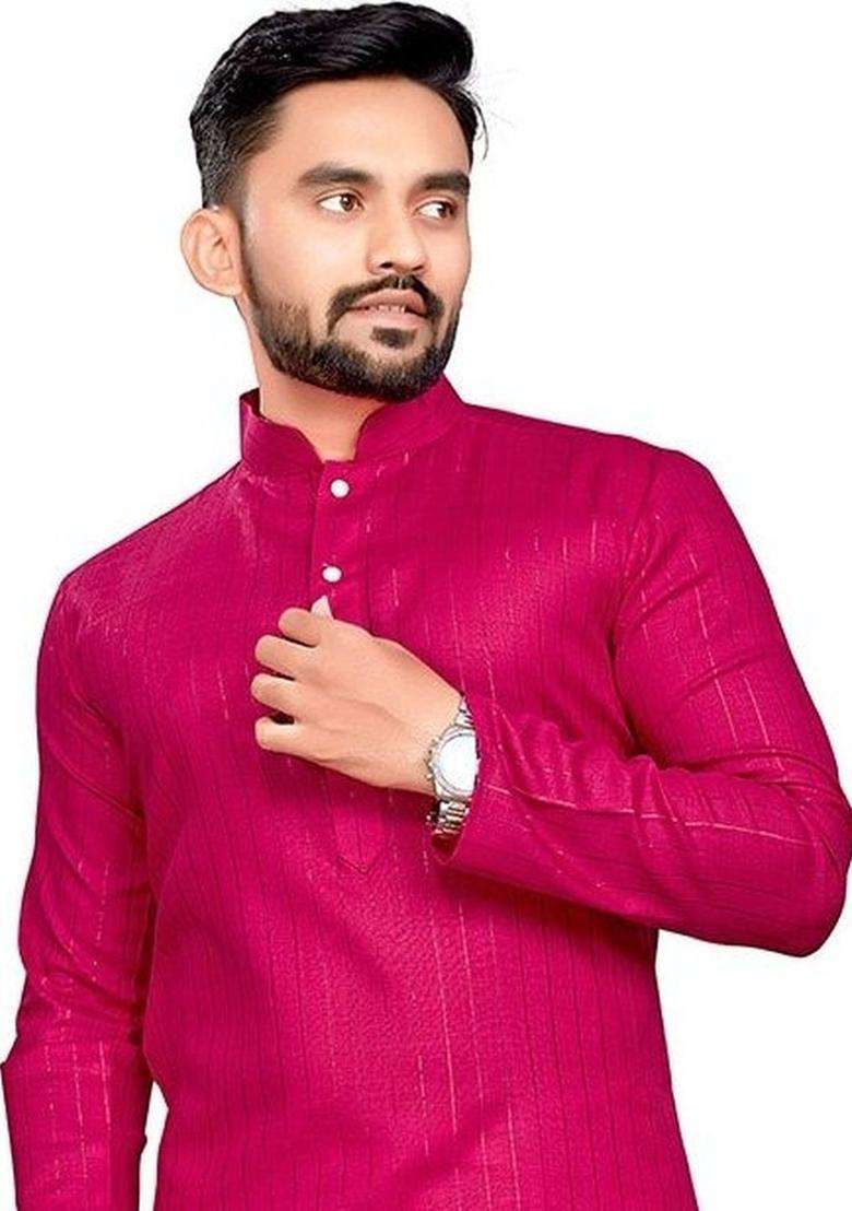 Pink Woven Design Cotton Kurta Set For Men - Indya