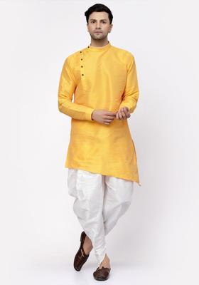 Yellow Solid Silk Kurta Set For Men