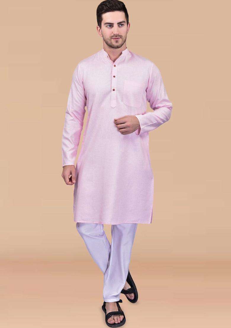Pink Solid Cotton Kurta Set For Men - Indya