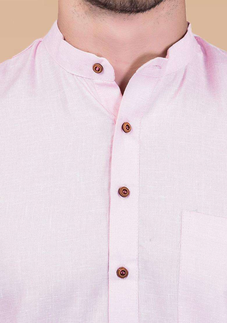 Pink Solid Cotton Kurta Set For Men - Indya